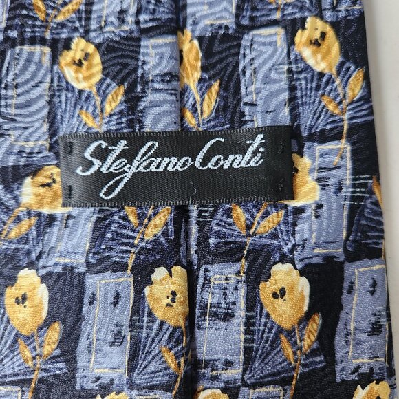 Stefano Conti 100% Italian Silk Tie – Floral Check Blue Yellow – Made in Canada - Picture 3 of 5